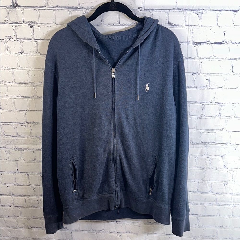 ✨ Men’s Navy Blue Polo Zip-Up Jacket with Hood - Size Large, Tag Missing
